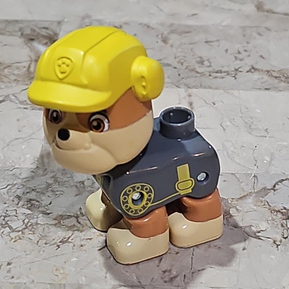 Paw Patrol Rubble Lego Figure Construction Dog Yellow Hard Hat Grey Uniform Toy